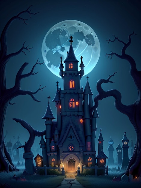 cemetery cute cartoon mythical tiny horror abandoned castle night scene cinematic dark color light