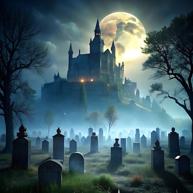 Cemetery in foggy moonlight night with castle nice imageAI generator