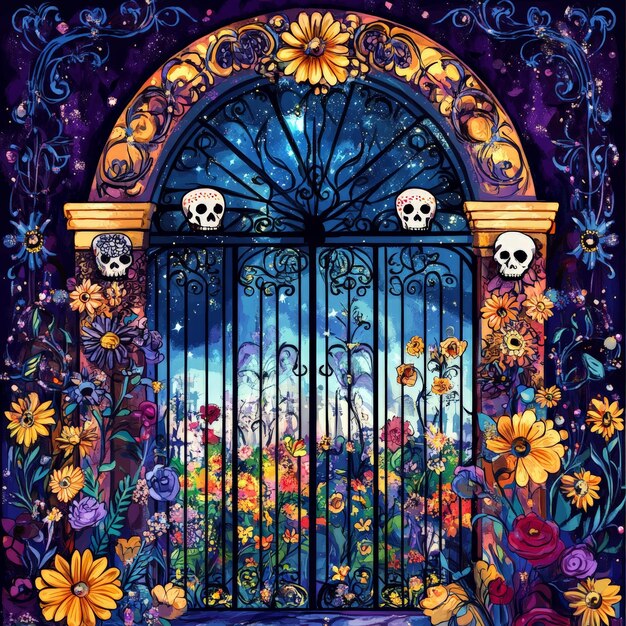 Photo cemetery gate decorated with skull patterns and flowers floral shadows days of the dead illustration