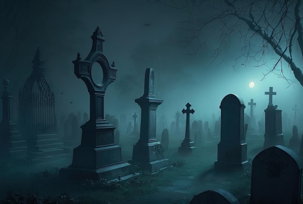 The cemetery is shrouded in fog at night