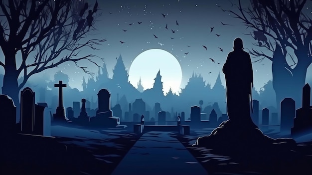 In a cemetery at night a spooky ghost Generative AI Halloween background