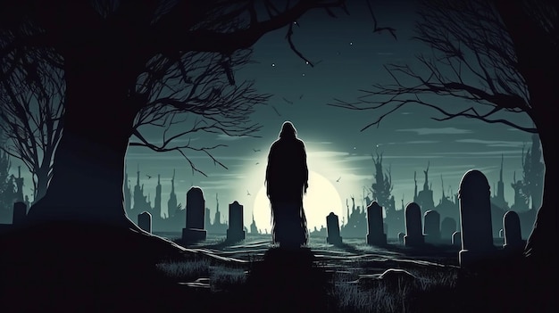 In a cemetery at night a spooky ghost Generative AI Halloween background