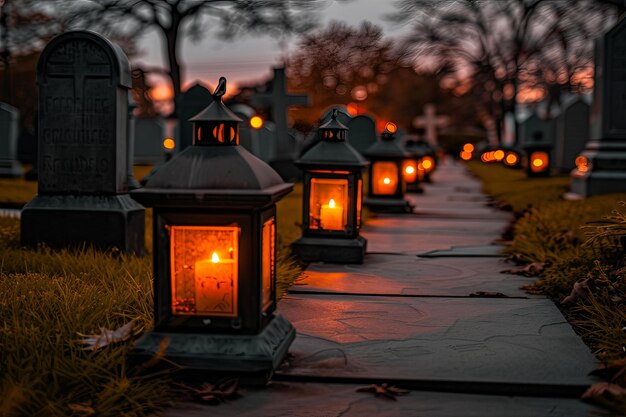 Photo cemetery pathway with candlelit lanterns at dusk