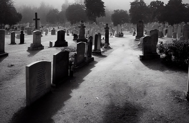 Cemetery, tombstones and spooky trees halloween