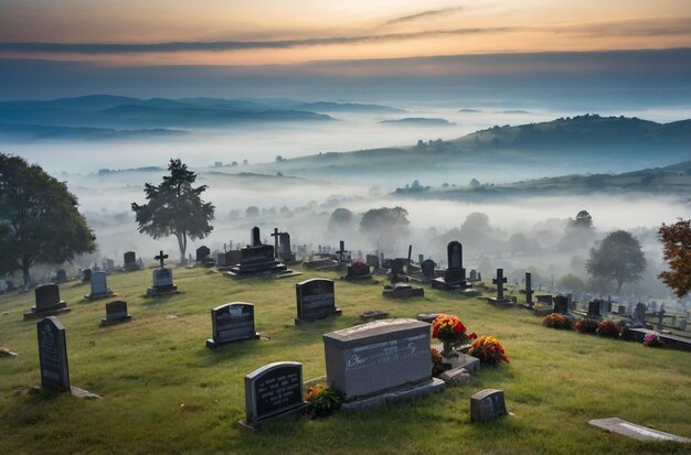 Cemetery at the top of a hill overlookin