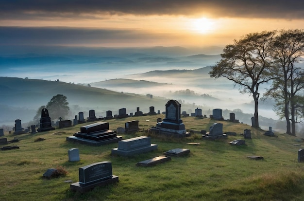 Cemetery at the top of a hill overlookin