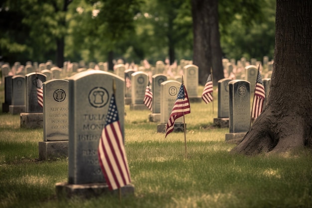 A cemetery with american flags and a tree in the background.