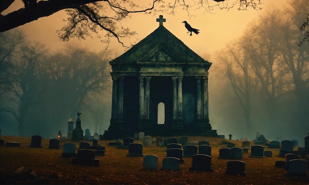 a cemetery with a bird on the top of it