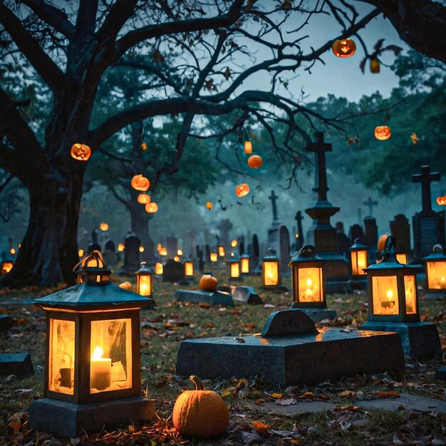 a cemetery with a bunch of lanterns and a tree with a lantern in the middle