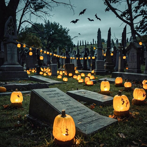 Photo a cemetery with a bunch of pumpkins and bats hanging from a rope