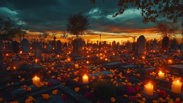 a cemetery with a candle in the middle of it