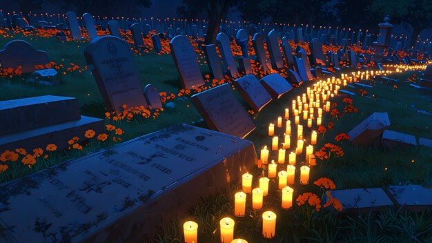 Photo cemetery with candles lit up and a cemetery with the words quot cemetary quot on the bottom