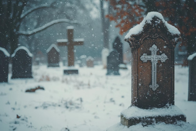 A cemetery with a cross and a headstone covered in snow The cemetery is empty and quiet