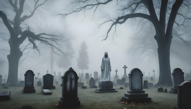 a cemetery with a dead tree in the middle of it