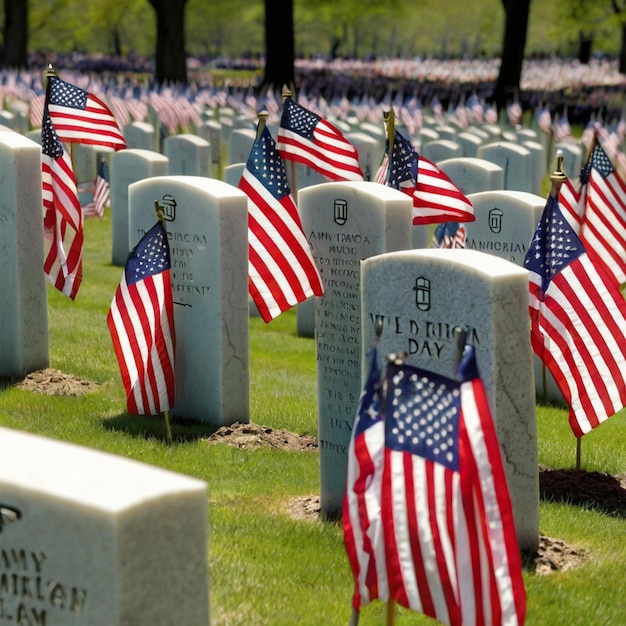 Photo a cemetery with a flag and american flag on it