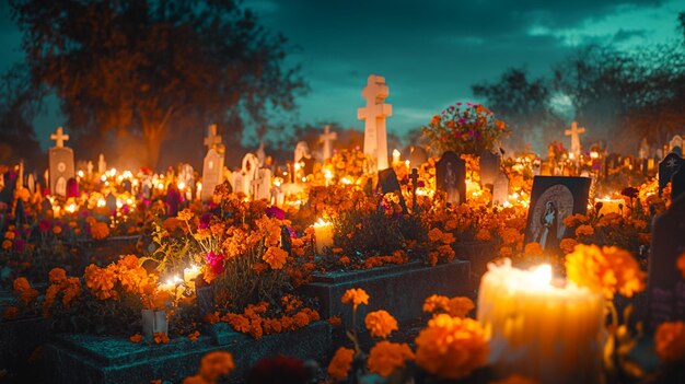 a cemetery with flowers and candles in the foreground