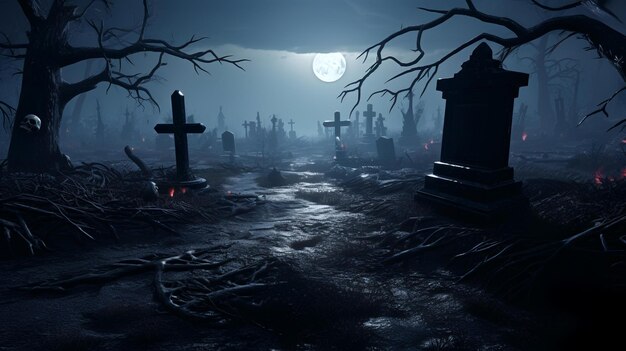 a cemetery with a full moon in the background