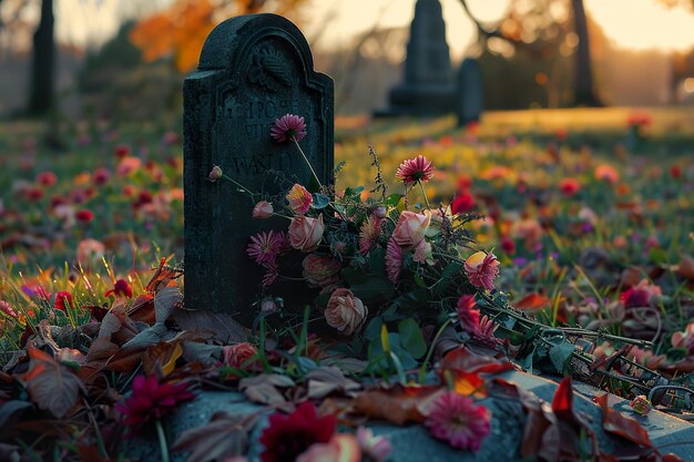 Photo a cemetery with a headstone that has flowers on it generative ai