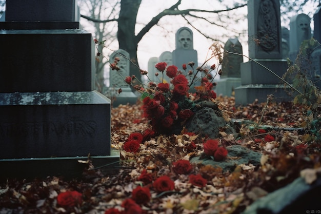 Photo a cemetery with red flowers on the ground next to tombstones