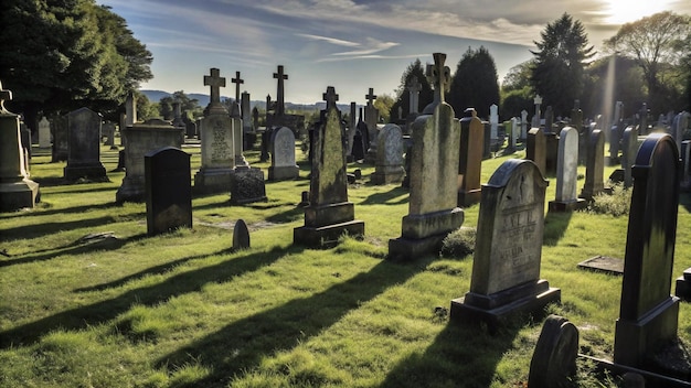 Photo a cemetery with rows of headstones under a clear sky