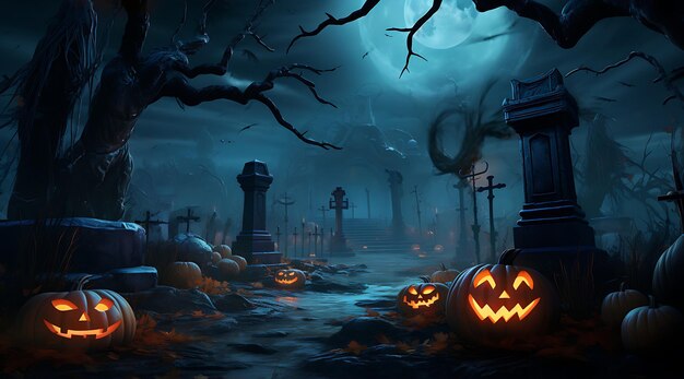 the cemetery with scary alloween pumpkins Generative AI