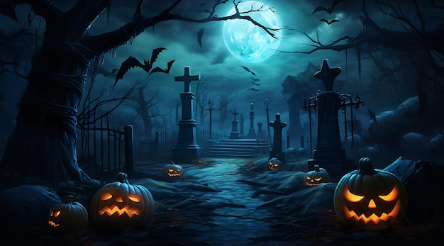 the cemetery with scary alloween pumpkins Generative AI