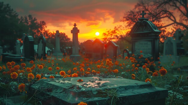 Photo a cemetery with a sunset in the background