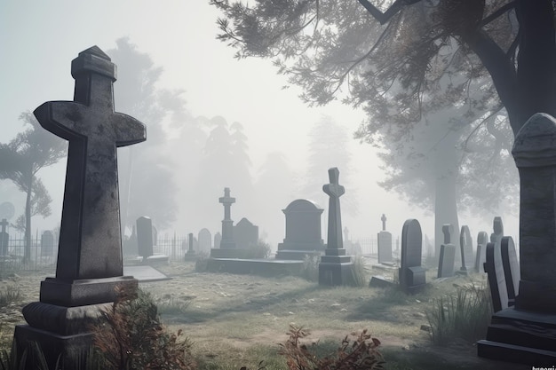 Cemetery with tombstones dead tree and mist AI generated