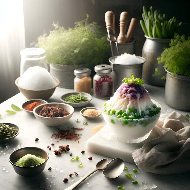 Cendol Shaved Ice Dessert on White Marble Counter