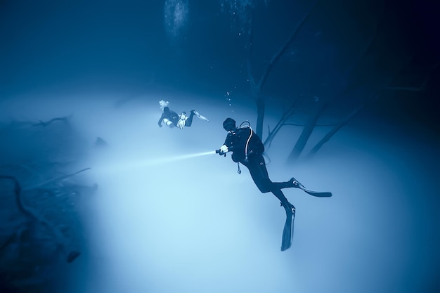 cenote angelita, mexico, cave diving, extreme adventure underwater, landscape under water fog