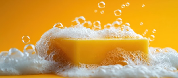 In the center of composition there is an oversized yellow soap bar surrounded by thick white foam