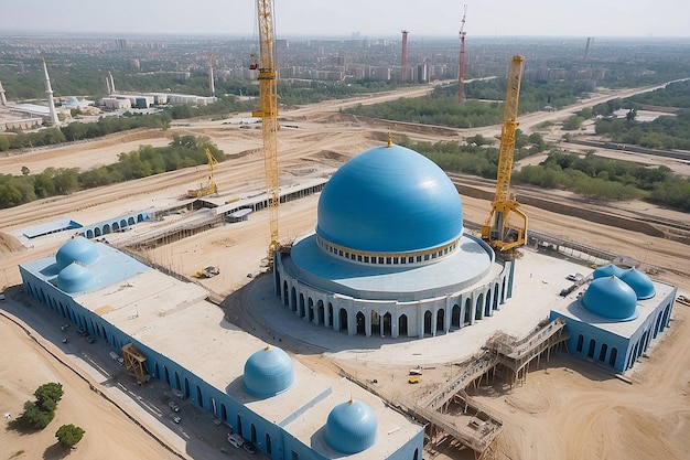 Photo center of islamic civilization in tashkent crane building blue dome of new mosque