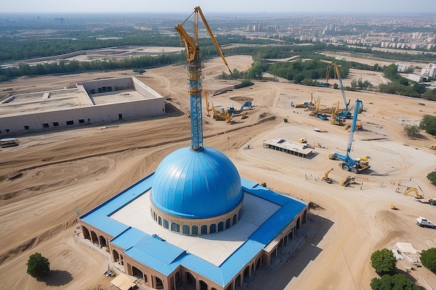 Photo center of islamic civilization in tashkent crane building blue dome of new mosque