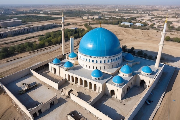 Photo center of islamic civilization in tashkent crane building blue dome of new mosque