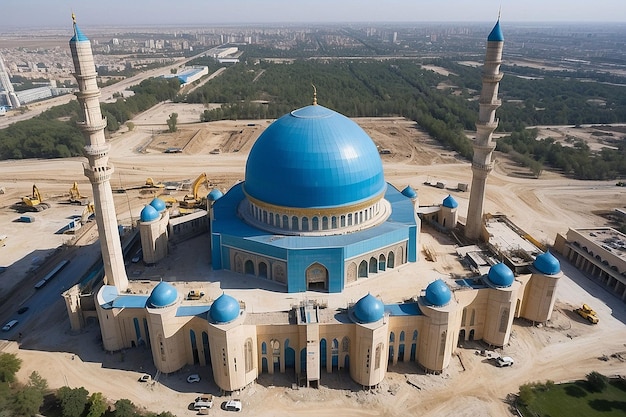 Photo center of islamic civilization in tashkent crane building blue dome of new mosque