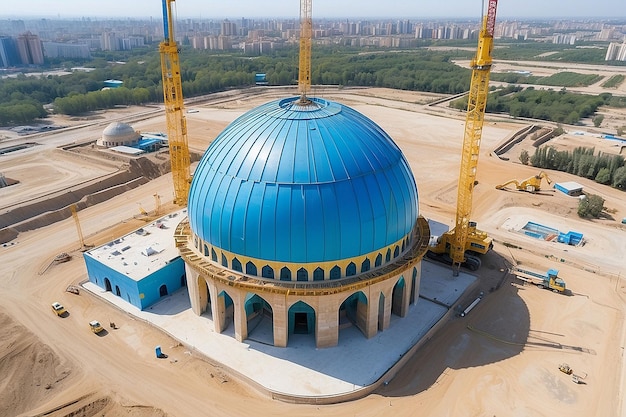 Photo center of islamic civilization in tashkent crane building blue dome of new mosque