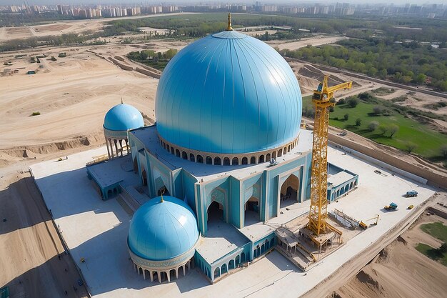 Photo center of islamic civilization in tashkent crane building blue dome of new mosque