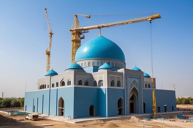 Photo center of islamic civilization in tashkent crane building blue dome of new mosque