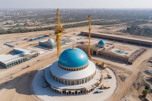 Photo center of islamic civilization in tashkent crane building blue dome of new mosque