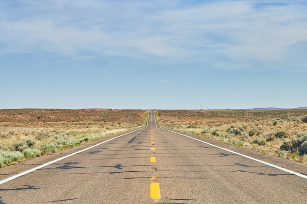 Center of open road in desert landscape