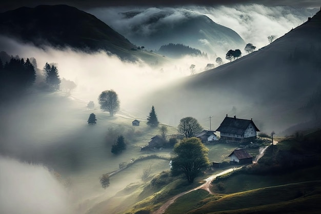 Center of the valley in the fog after the rain