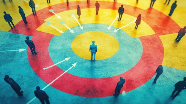 Photo a central blue figure stands on a multicolored targetlike surface with concentric circles