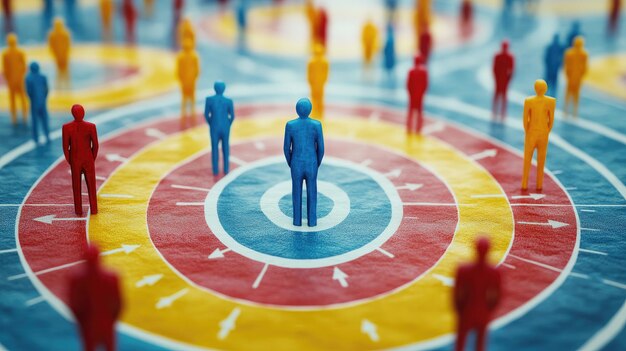 A central blue figure stands on a multicolored targetlike surface with concentric circles