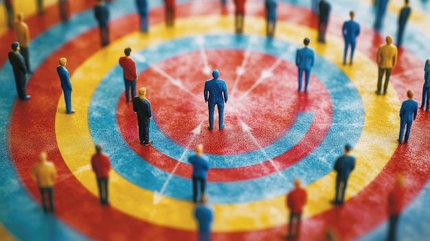 A central blue figure stands on a multicolored targetlike surface with concentric circles