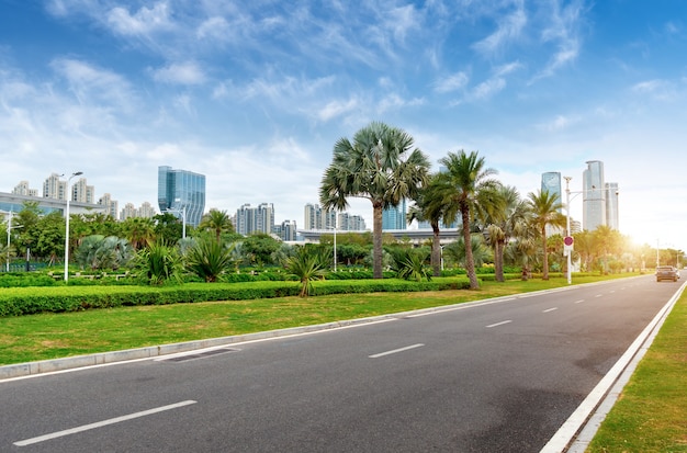 Central business district, roads and skyscrapers, Xiamen, China.