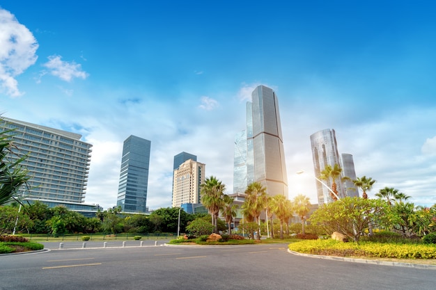 Central business district, roads and skyscrapers, Xiamen, China.