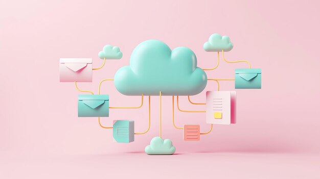 Photo a central cloud connects to various icons against a pastel pink backdrop