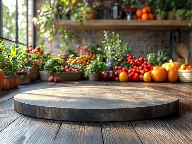 Photo central empty 3d podium in a thanksgiving kitchen setting with ingredients for a festive feast the background includes recipes cookbooks and seasonal decorations inviting the viewer to start cooking