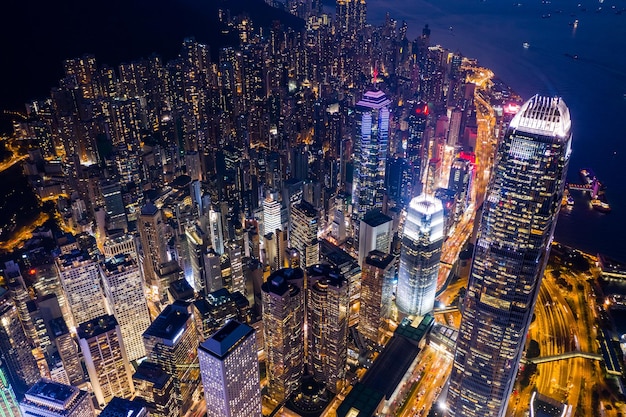 Central, Hong Kong, 11 September 2018:- Aerial down of Hong Kong business district at night