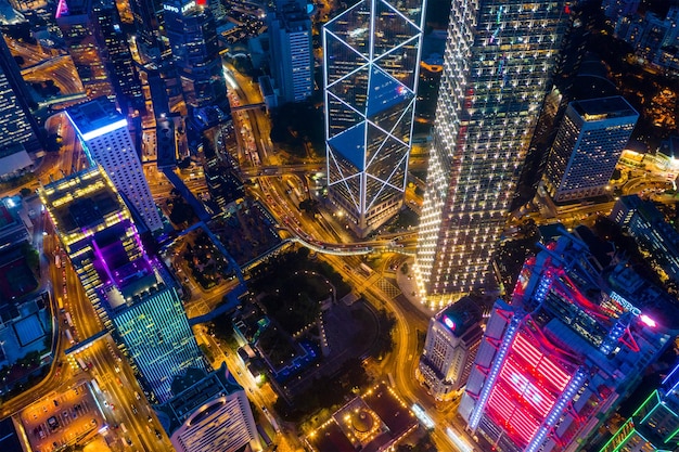 Central, Hong Kong 29 April 2019: Top view of city of Hong Kong at night